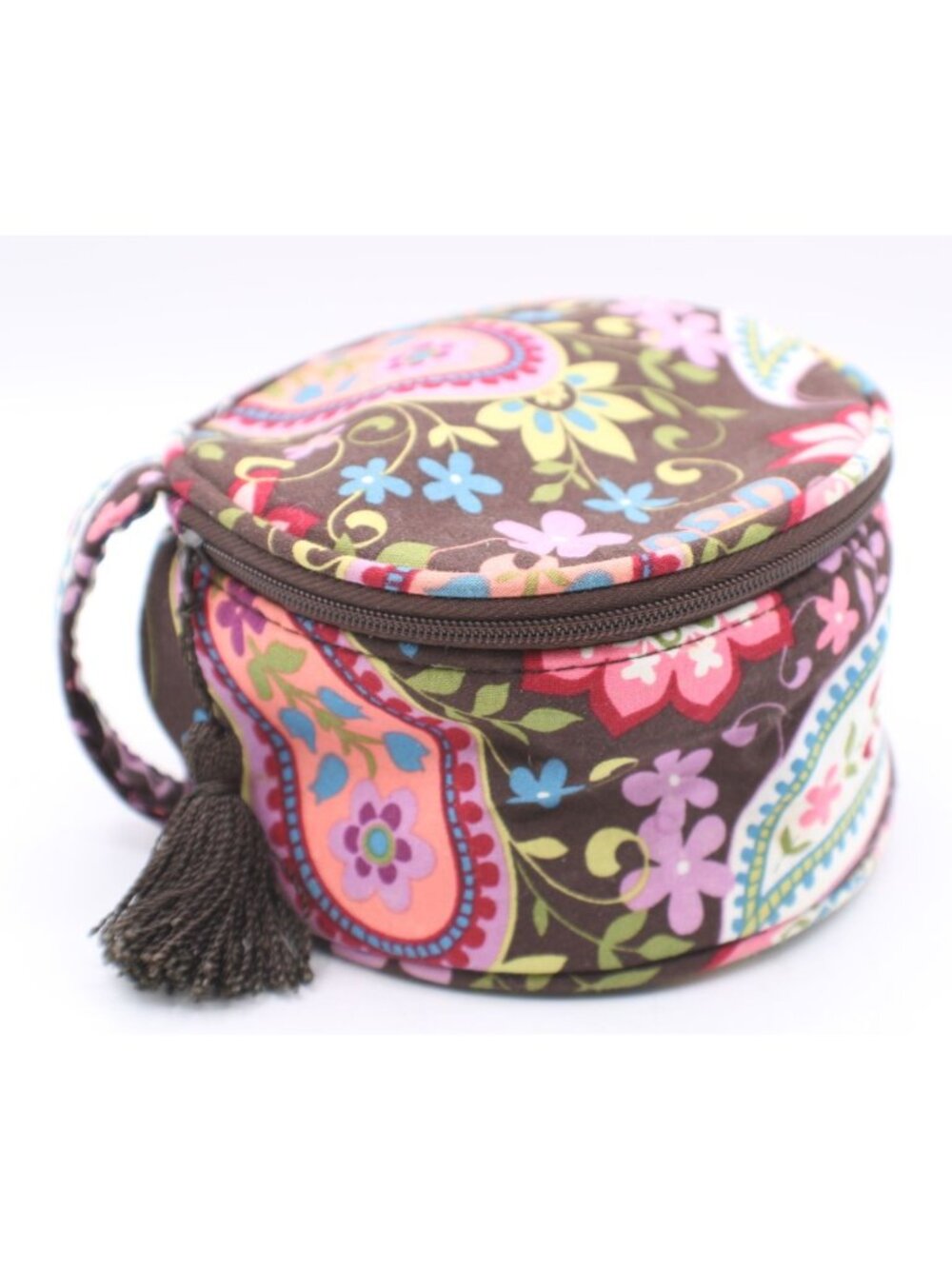 Floral Round Makeup Bag Jewelry Case Travel Brown Purple Paisley Handle Tassel